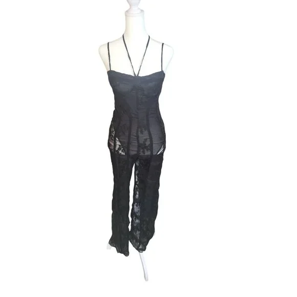 PrettyLittleThing Black Lace Binding Detail Strappy Sheer Jumpsuit Size 4 - Picture 2 of 8